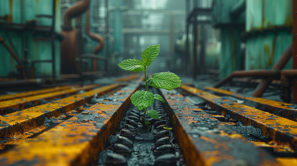 Ujęcie z fabryki z metalowymi szynami miedzy, którymi rośnie zielona mała roślina- Ecoearth